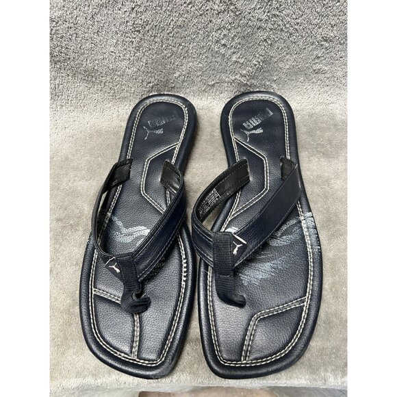 Men’s Puma Men’s 12 Navy Blue Shoes Logo Flip Flops Leather Sandals Summer - Picture 4 of 7